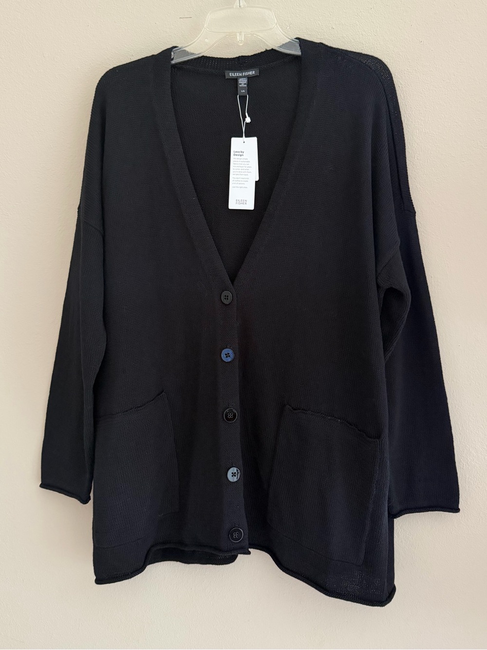 Eileen Fisher Organic Linen Cotton V Neck Cardigan Black L NWT $268